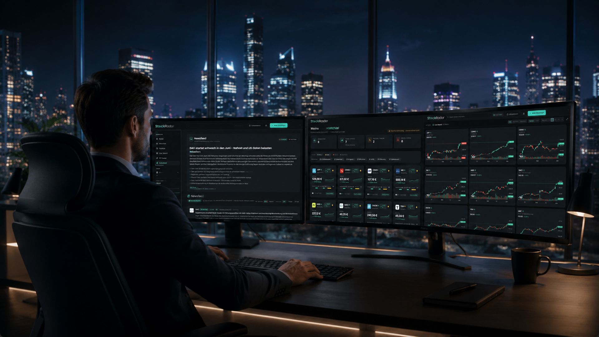 Trader mit Multi-Monitor-Setup vor Skyline bei Nacht